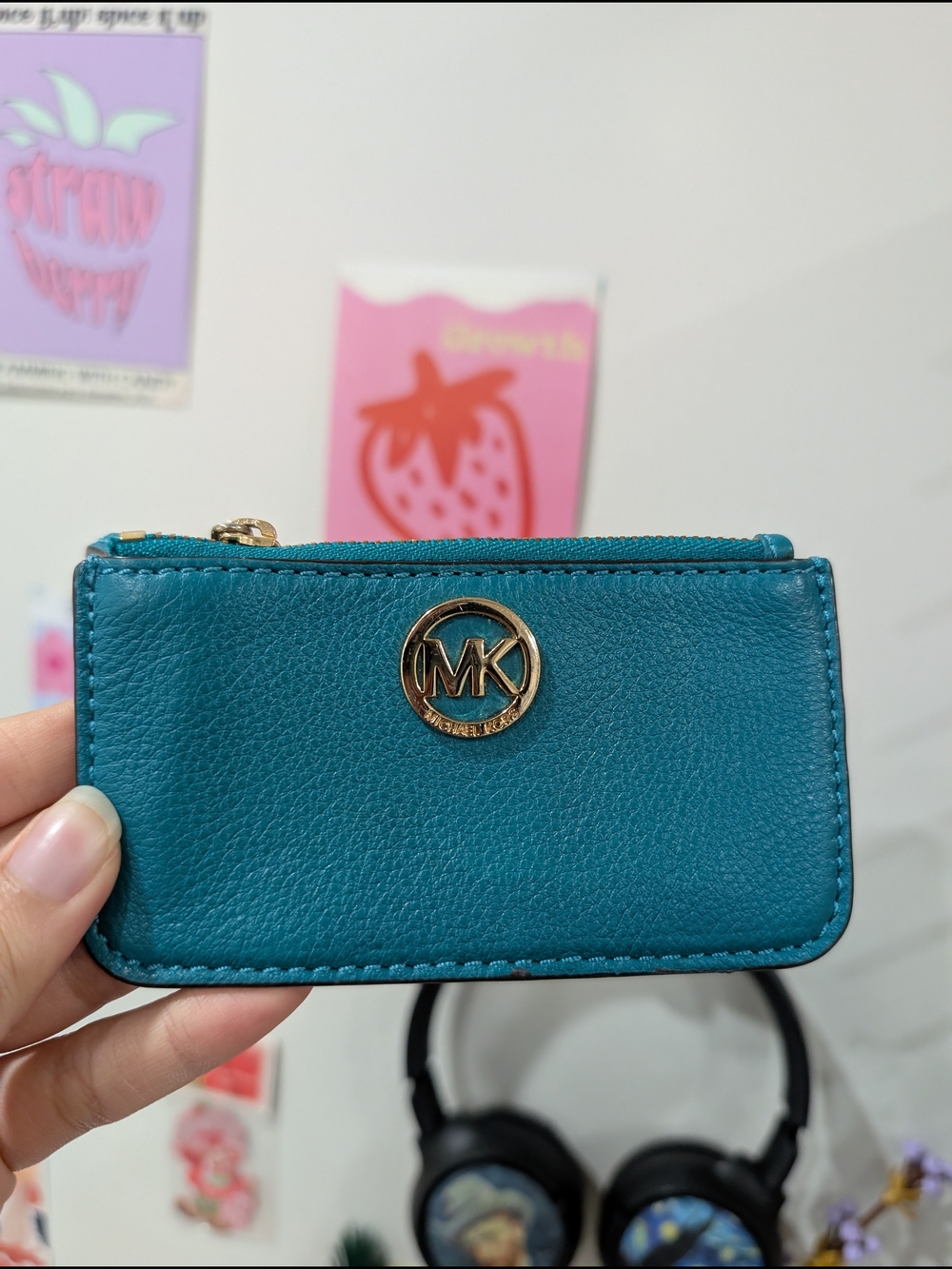 Michael Kors Teal Pebble Leather Zip Card Pouch with Gold MK Emblem
